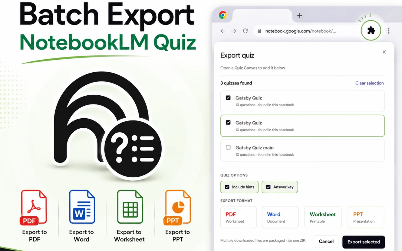 Batch export view listing multiple completed NotebookLM quizzes selected for export