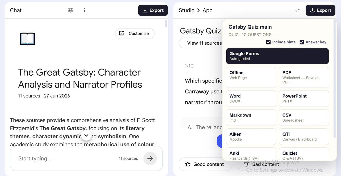 NotebookLM Quiz Exporter menu showing export options for Google Forms, PDF, Word, PowerPoint, CSV, QTI, Anki and Quizlet